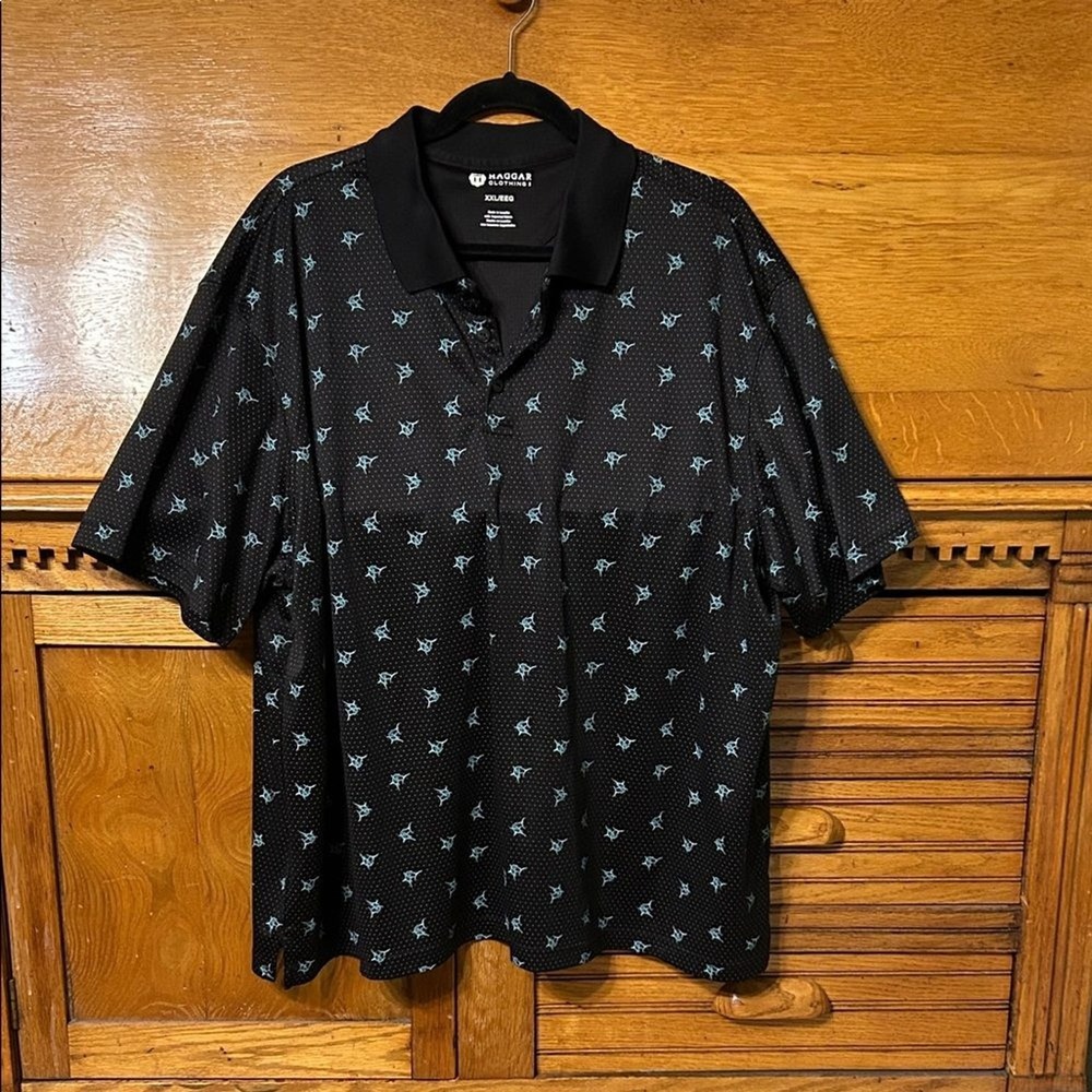 Haggar‎ Preppy Black Nautical Teal Marlin Fish Print Performance Golf Polo Shirt